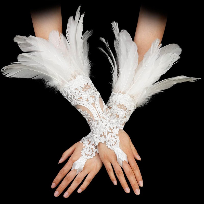 UQJE 2PCS Women's Lace Feather Long Gloves Gothic Mesh Cuff Wedding Halloween Party - Image 5